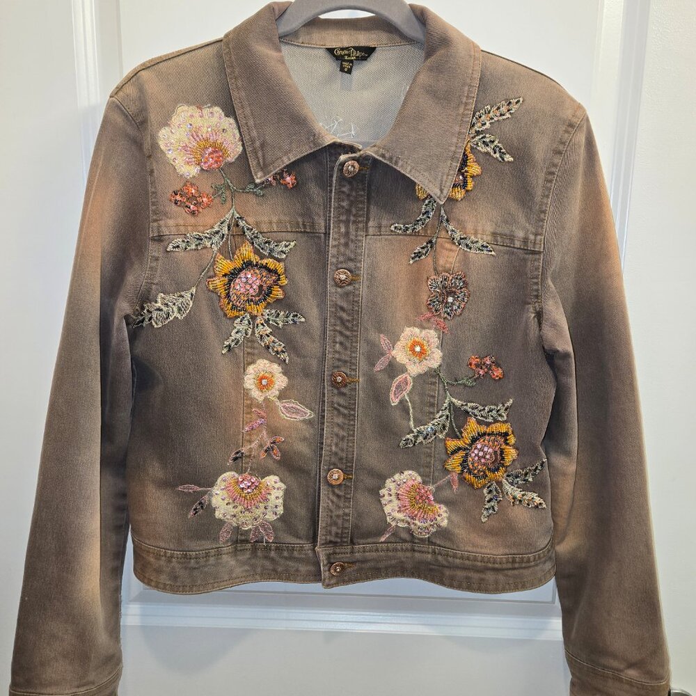 Christine Phillipe Elaborate Floral Embellished Denim Jacket